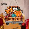 Rustic Pumpkin Welcome Sign Hello Fall Wooden Hanging Sign, Retro Plaid Pickup Truck Ornaments, Wall Pendant Front Door Decor with And Maple Leaf for