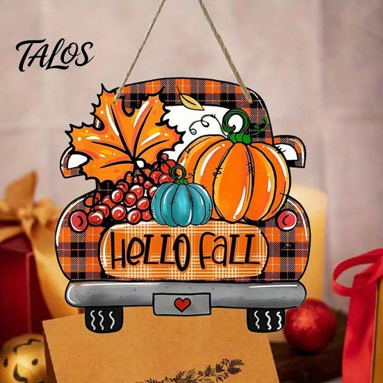Rustic Pumpkin Welcome Sign Hello Fall Wooden Hanging Sign, Retro Plaid Pickup Truck Ornaments, Wall Pendant Front Door Decor with And Maple Leaf for