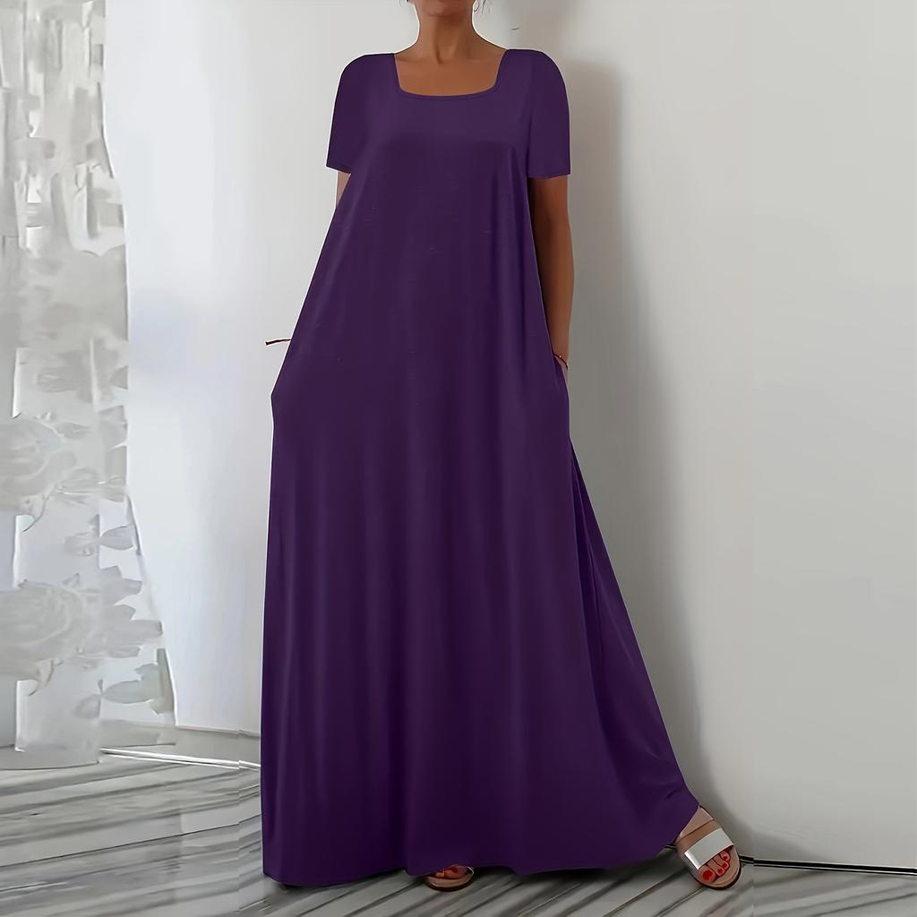 Women's Loose Fit Short Sleeve Square Neck Dress Plus Size Color Casual Summer Wear