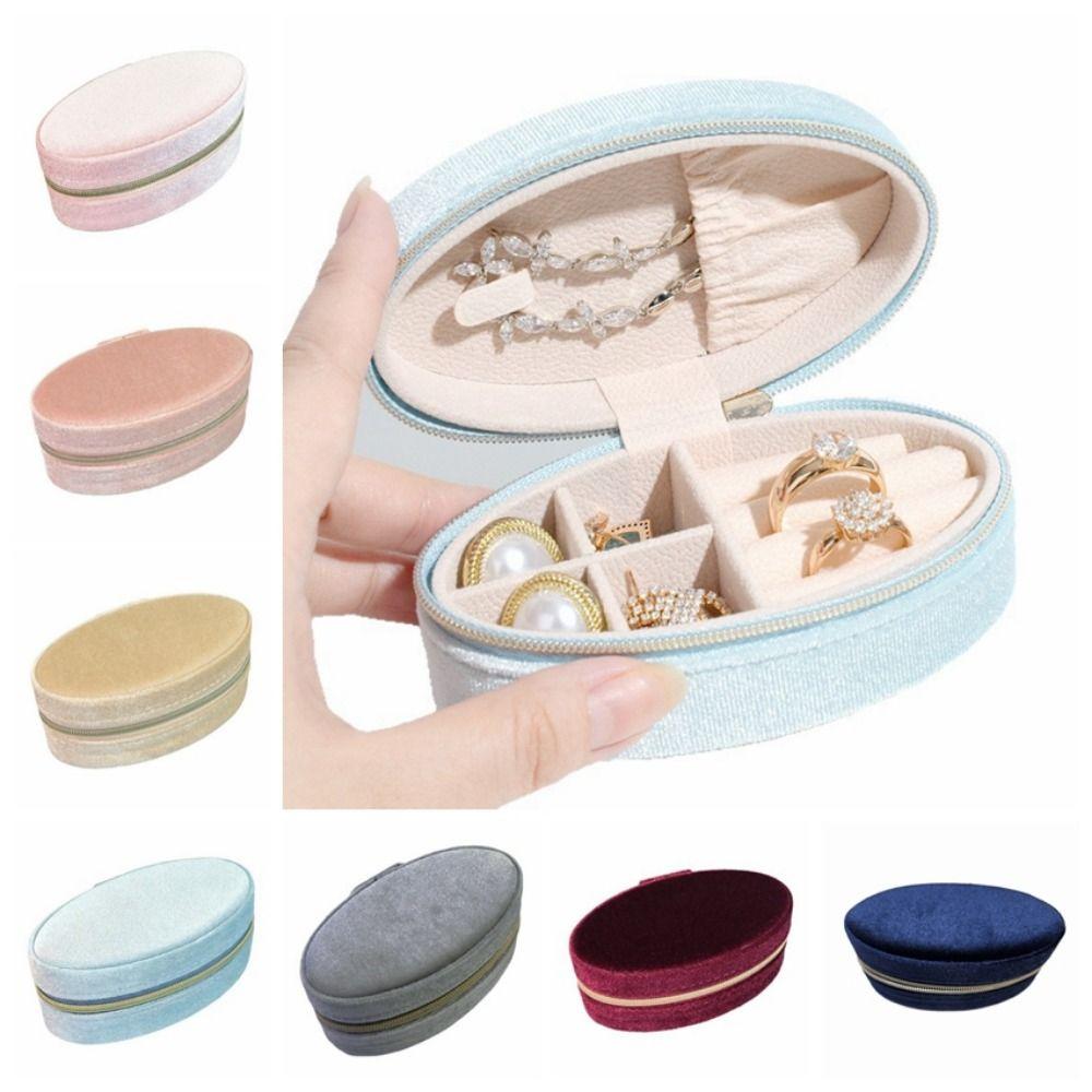 Portable Velvet Jewelry Display Box Oval Shape Ring Earring Necklace Box Daily Use