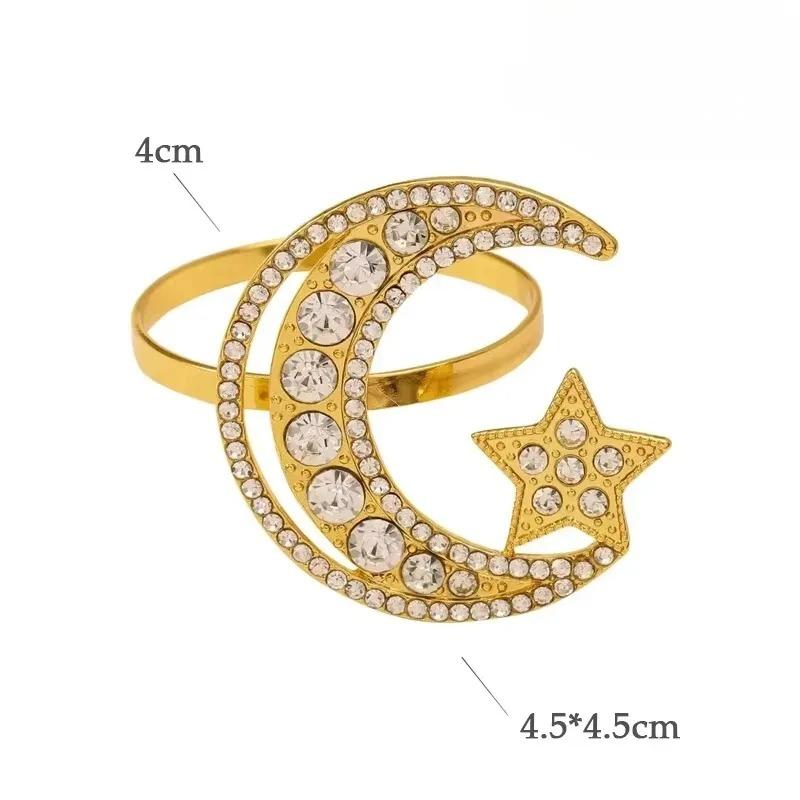 Gold Napkin RingSet Star Moon Design AlloyCrystal Metal Hollow RamadanCelebration HolidayTableware Elegant Durable Napkin Holder