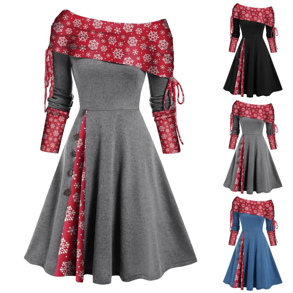 Convertible Neck Cinched Striped Flare A Line Dress Long Sleeve Dress For Women