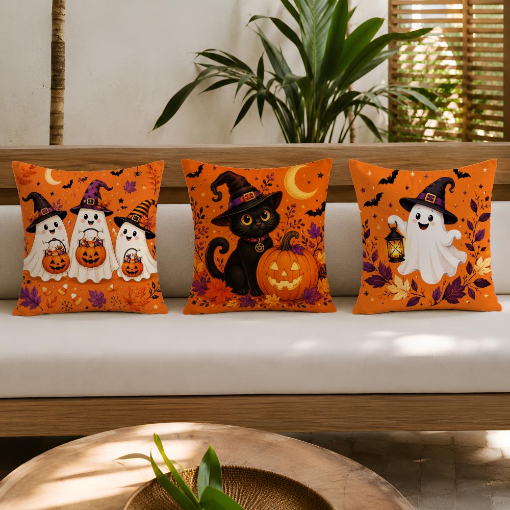 Halloween Cute Ghost Black Cat Cushion Cover Organic Short Plush Cushion Covers Machine Washable Wrinkle-Resistant Soft Durable