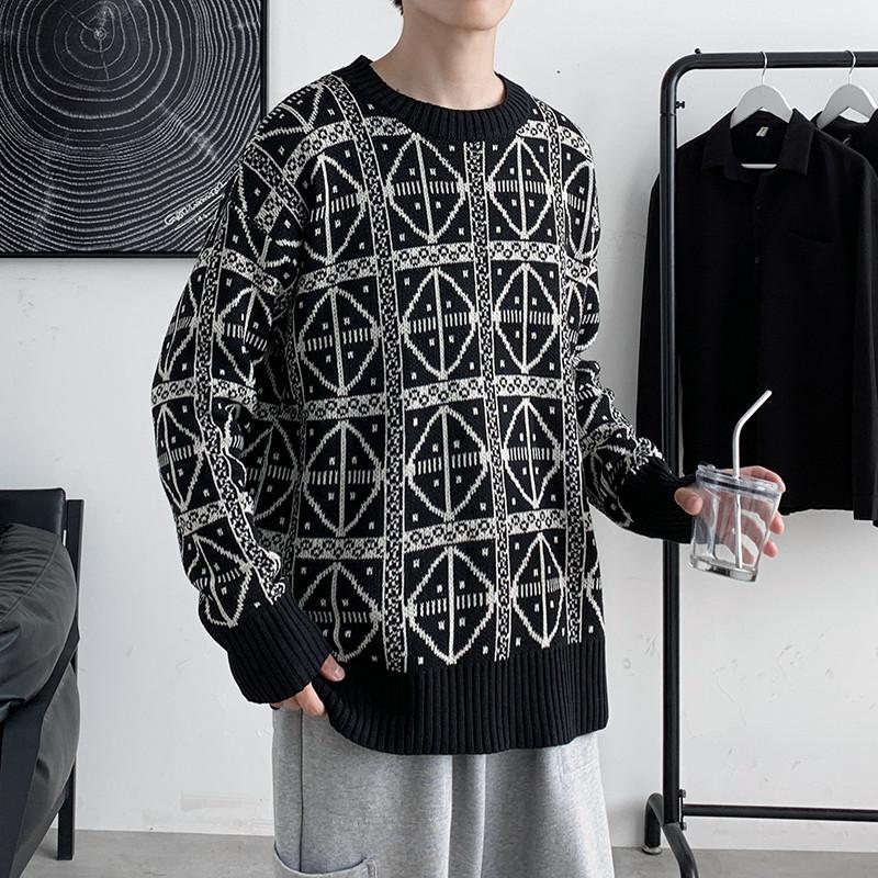 Podzim Zima Pánské Roláky Vintage Design Harajuku Volné Studentské Dlouhý Rukáv Teplé Svetry Hip-pop Geometrické Svetry