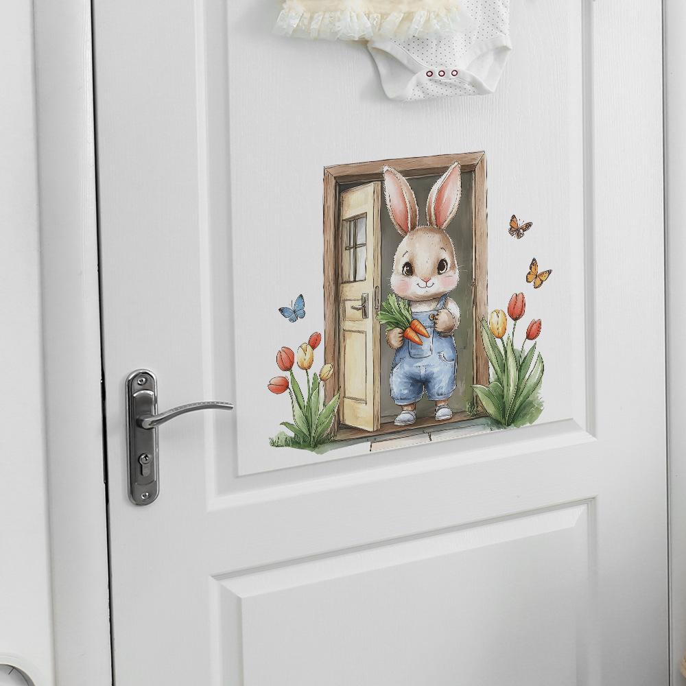 Wooden Door Painting Little Rabbit Butterfly Flower Multi-bedroom Living Room Home Background Beautification Wall Stickers