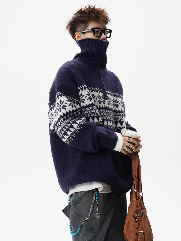 Pull Cardigan Homme Jacquard Fair Isle Fermeture Éclair Demi-Zip Col Montant Noël