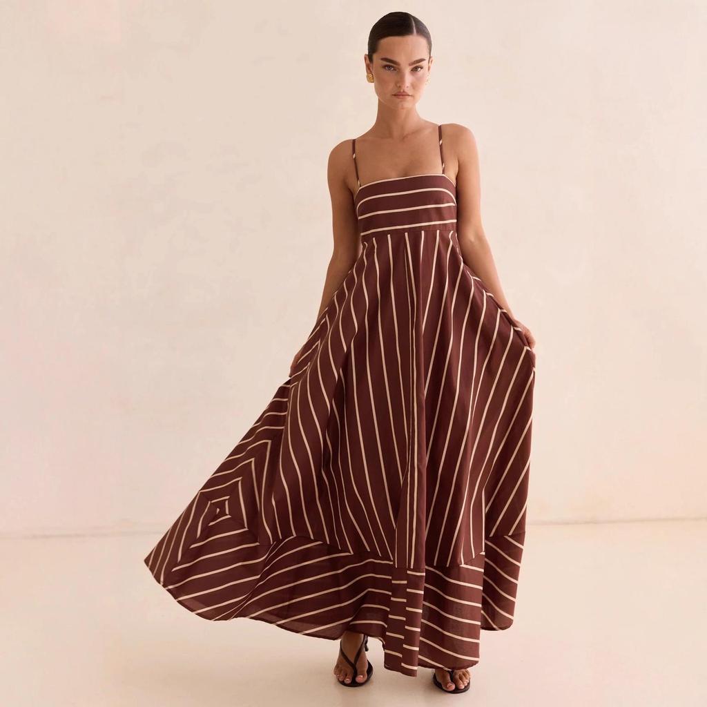 Striped Sleeveless Backless Camisole Dress - Fresh & Casual, Wide Hem (2026).