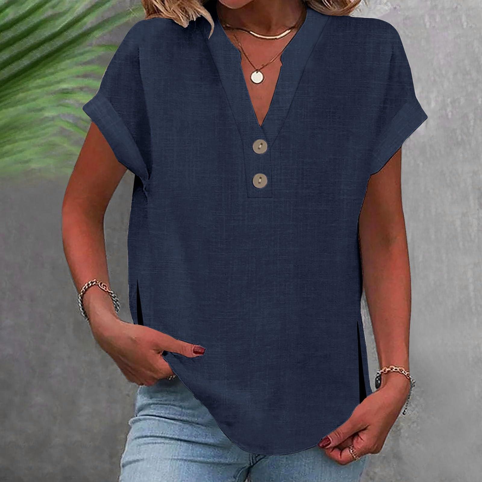 

Women s Fashion Casual Colour V-Neck Short Sleeve Button Split Shirt T-Shirt Top M Темно-синій