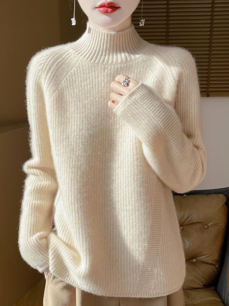 Autumn/Winter Women's Raglan Cashmere Wool Ribbed Pullover Sweater