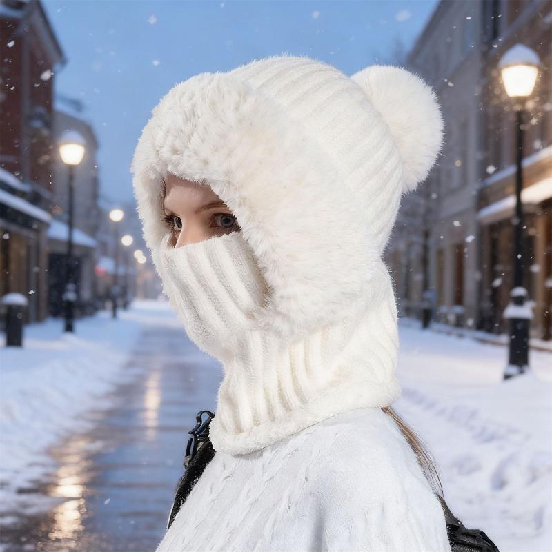 Women Hooded Cap Winter Knitted Balaclava Hat Ear Protection Fluffy Hat Lady Mask Neck Integrated Warmth Cover Hat