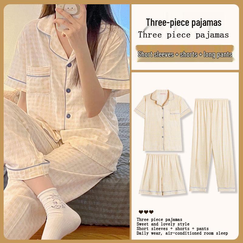 Kuromi Japanese-Style Cotton Pajamas: Women's Summer Lapel Sweet Cardigan Homewear Three-Piece Set