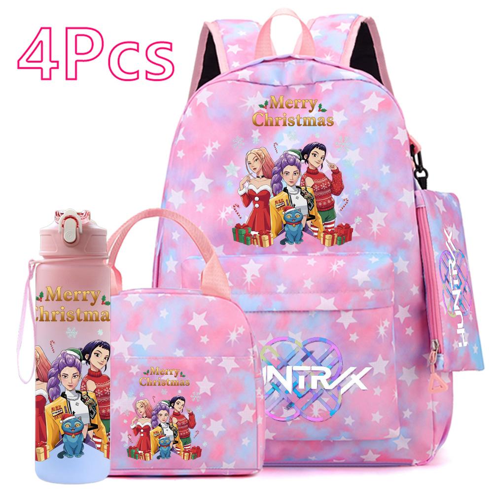 4 st/set Jul K-POP Tryckt Ryggsäck Handväska Pennskrin 750 ml Vattenflaska för Tonåring Pojke Flicka Bokväska Skolväska Med Drickmugg Barnpresent