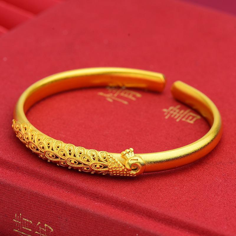 Vietnamese Sand Gold Peacock & Dragon Bracelet: Retro Silk Peony Design, Copper-Plated, Brings Auspiciousness, Noblewoman Jewelry.