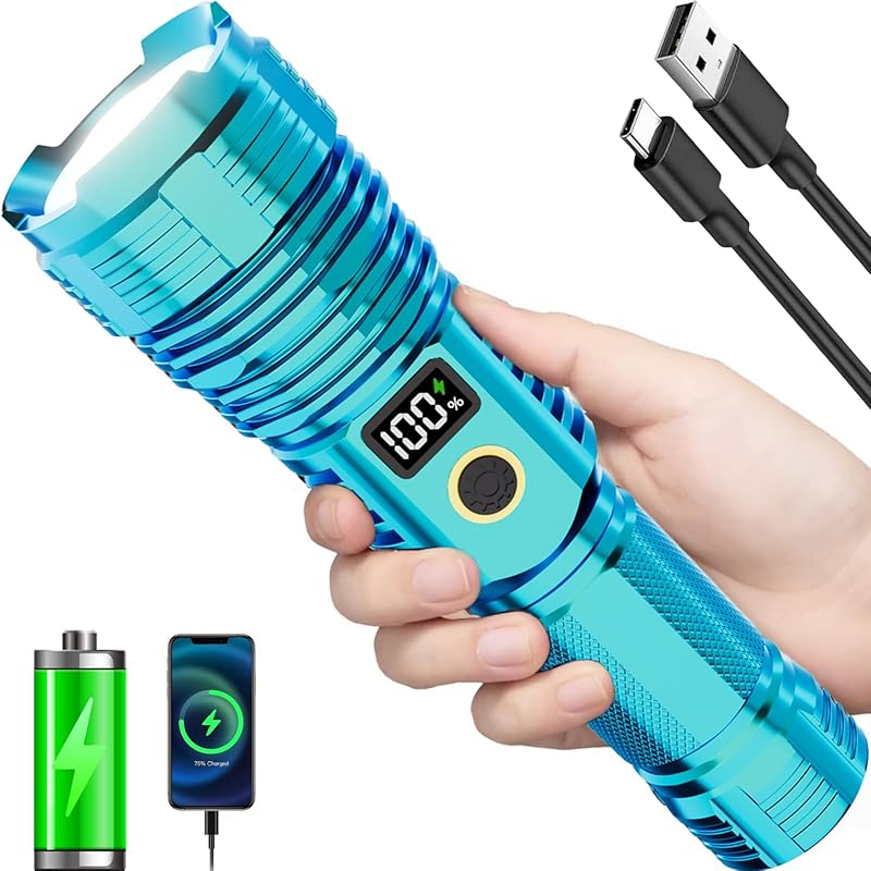 Flashlights High Lumens Rechargeable, LED Super Bright Flash Light Long Beam, Zoomable Linternas with LCD Digital Display, 5 Mode, Waterproof,