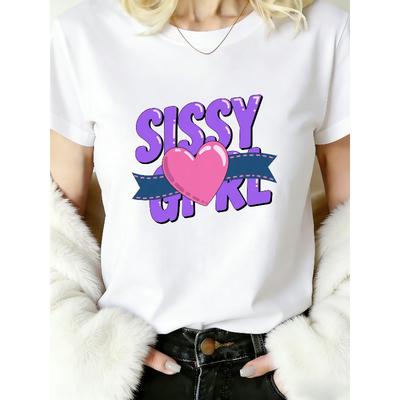 T-shirt Bianca Basica a Maniche Corte da Donna Casual Girocollo Morbida Top con Grafica Lettere Sissy Viola Cuore Rosa con Nastro