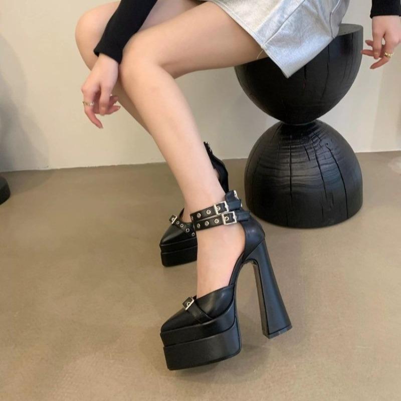 Fashion 2025 Spring and Summer New Metal Buckle Super High Heel Platform Catwalk Single Shoes Pointed Toe Block Heel Sandals