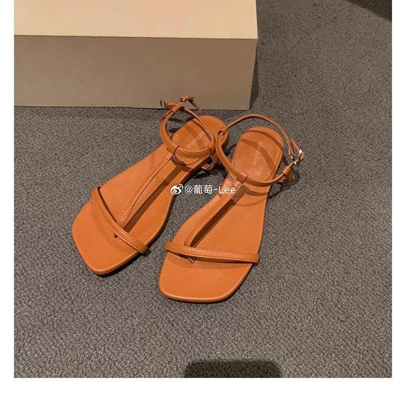 Cowhide version~ Grape mother, the same oblique cut square T-shaped with toes, versatile leather flat-soled sandals, women's new summer models