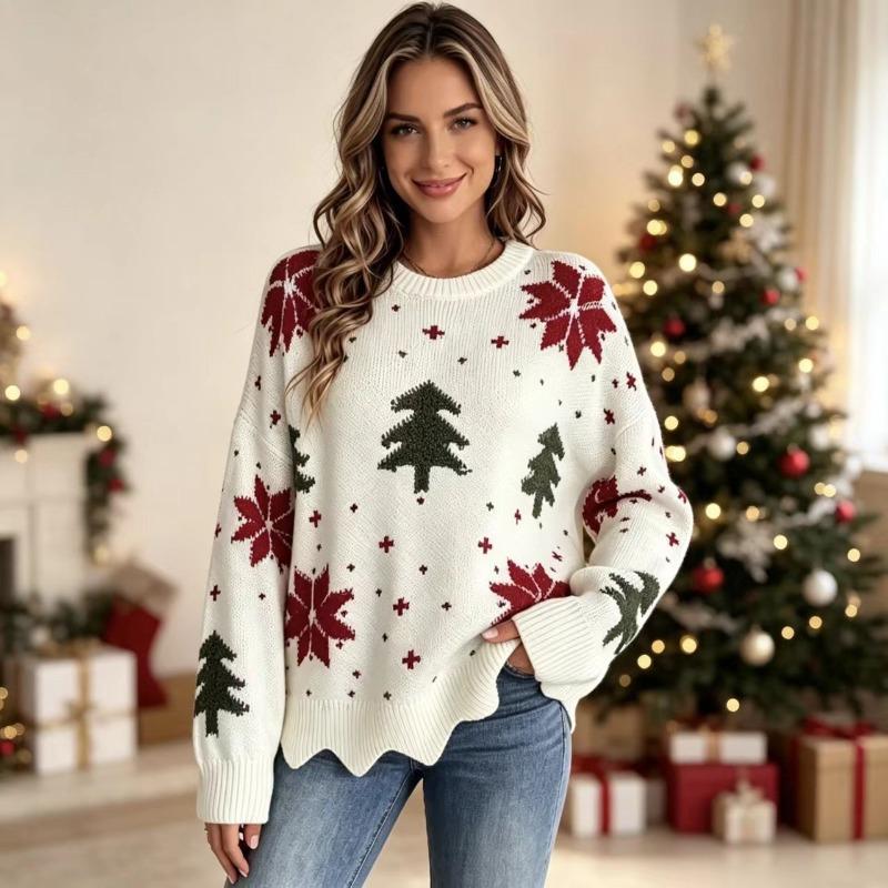 Autumn and Winter New Fashion Christmas Sweater European and American Women's Clothing Crew Neck Loose Casual Pullover Top