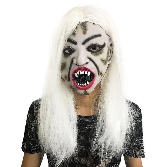 Halloween Horror Grimace Ghost Masque Scary Full Head Latex Zombie Masque with Hair Creepy Halloween Party Cosplay Costume