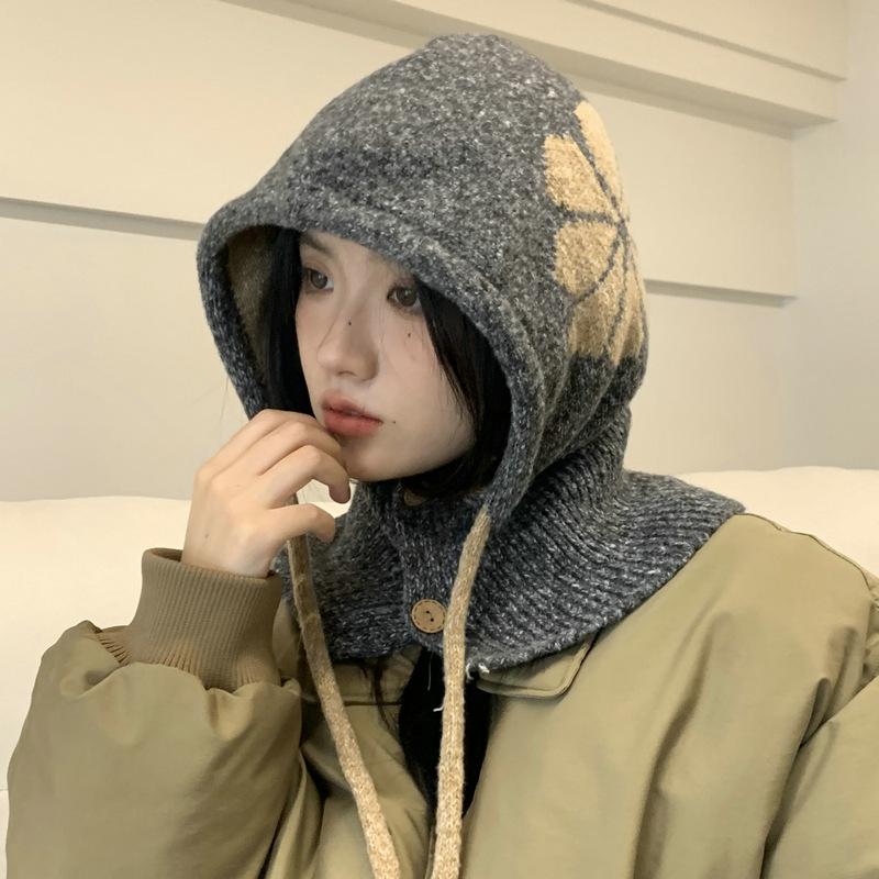 Knitted Warm Wool Hat Women's Winter Flower Drawstring Balaclava Ear Cap