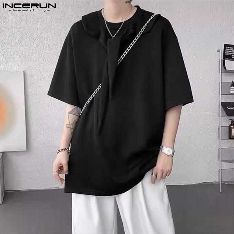 INCERUN Oversized Summer Men Tie Up Patchwork Short Sleeve Solid Casual Loose T-shirts