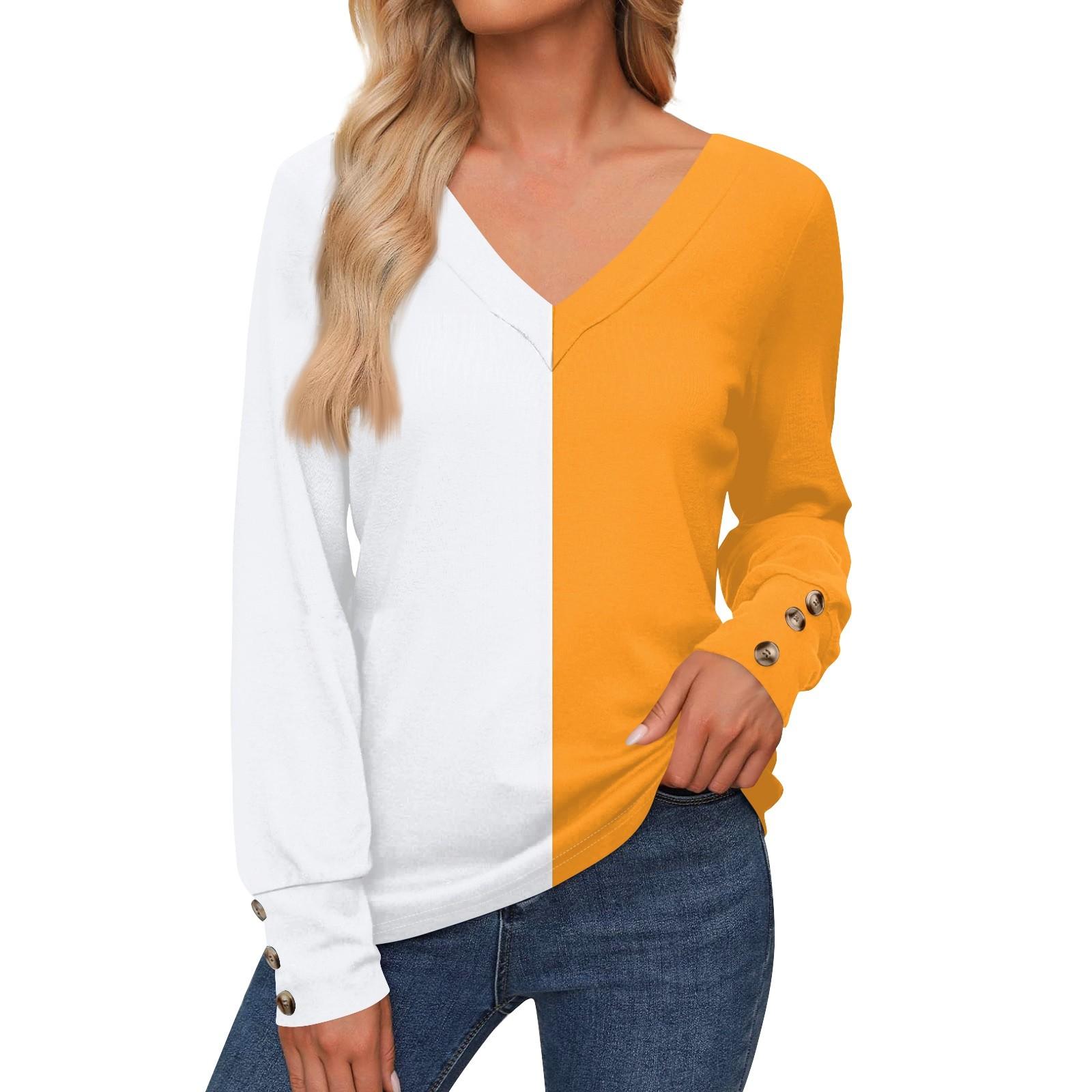 

Женская повседневная модная рубашка с длинными рукавами и манжетами на пуговицах, свободная футболка с V-образным вырезом, осенняя одежда M