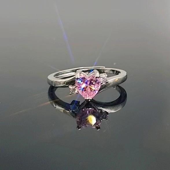 Multi-Colored Zircon Love-Shaped Open Ring Women'S Niche Light Luxury Personality Sweet Ring
