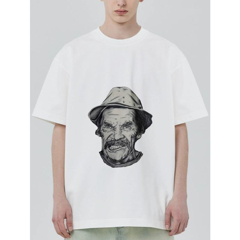 Oversized T Shirt Black Man with Hat and Mustache Graphic Print Casual Streetwear Fashion Unisex Top for Everyday Wear