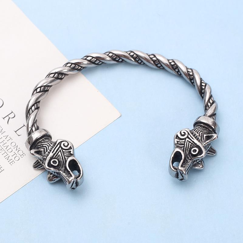 Nordic Viking Double Dog Head Cable Knit Stainless Steel Cuff Bracelet - European & American Style Men's Accessory
