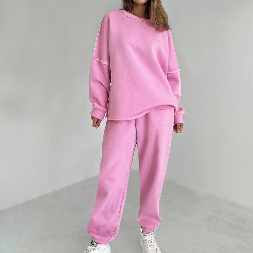2023 Pink Sport Fleece Sweatshirt & High Waist Sweatpants Set - European & American Autumn Fashion for Women