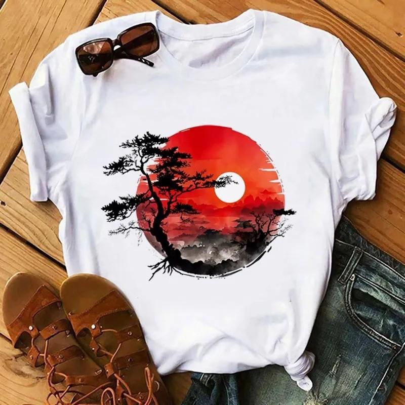 Ink Wash Style Natural Scenery Short Sleeve Summer Street Sun Rise and Sunset Painting Printed Tshirt Clothing Tops