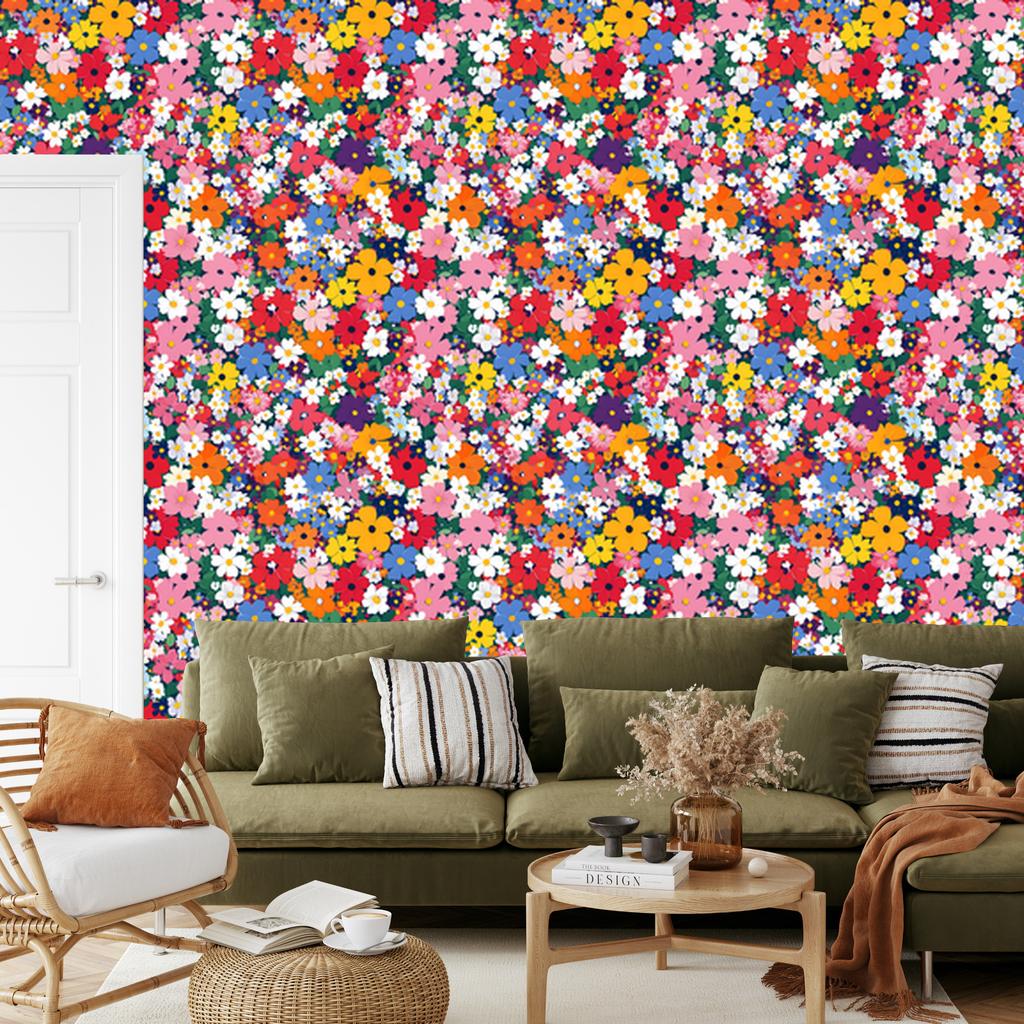 Wallpaper Small Flowers Red and Blue for Living Room and Bedroom 50x1000