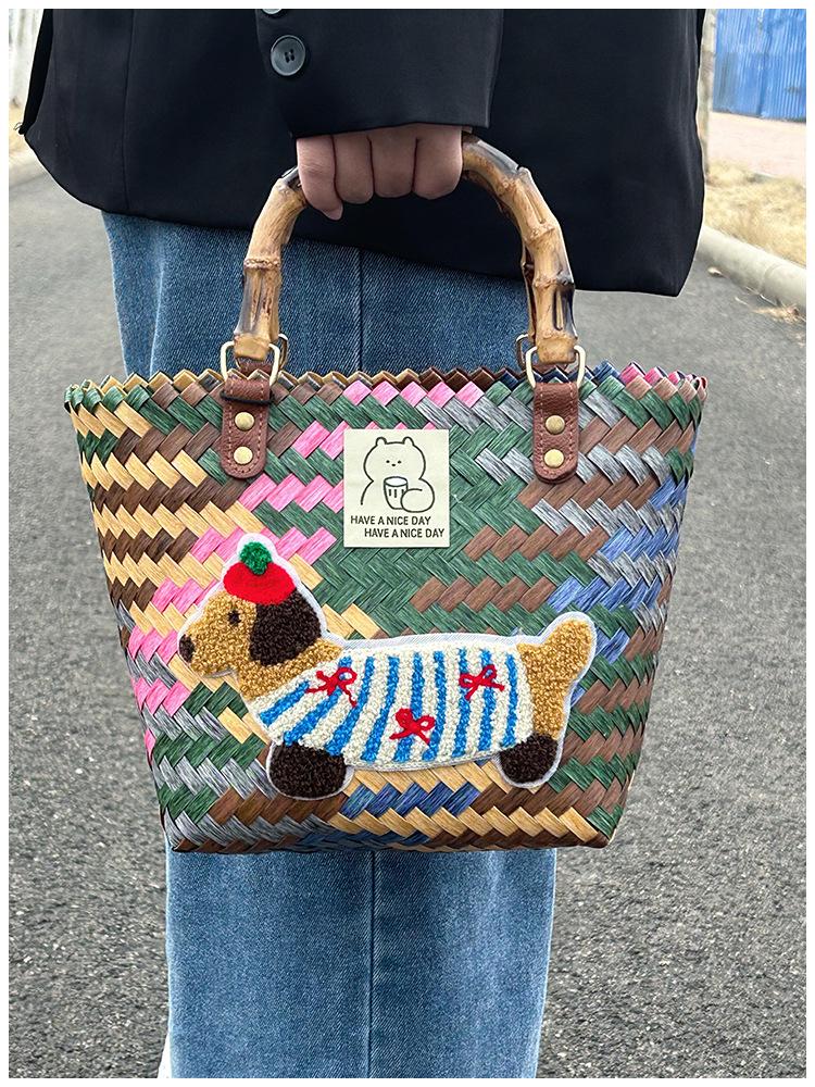 Handgefertigte bestickte Dackel gewebte Handtasche und Aufbewahrungskorb