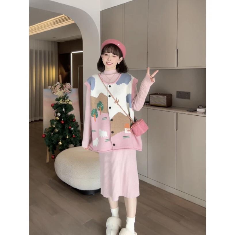 Autumn Winter Jacquard Knit Cardigan Vest Women Oversized Sleeveless Sweater Coat