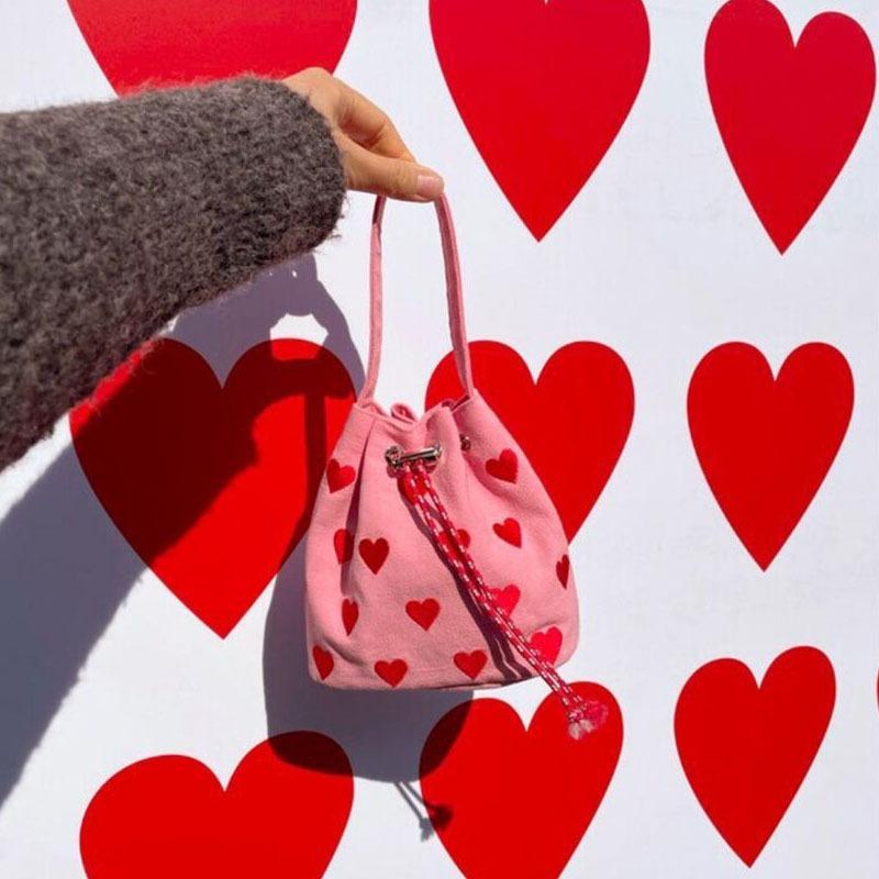 Embroidery love strap pink handbag women's 2 spring and summer new shoulder crossbody mini bucket bag