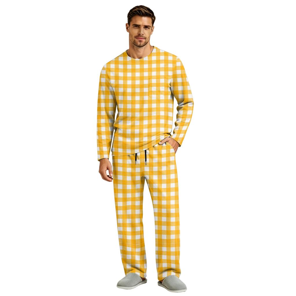 Men's Pajama Set Long Sleeve Top and Long Pants with Button Crotch and Elastic Drawstring Waist for Home Loungewear