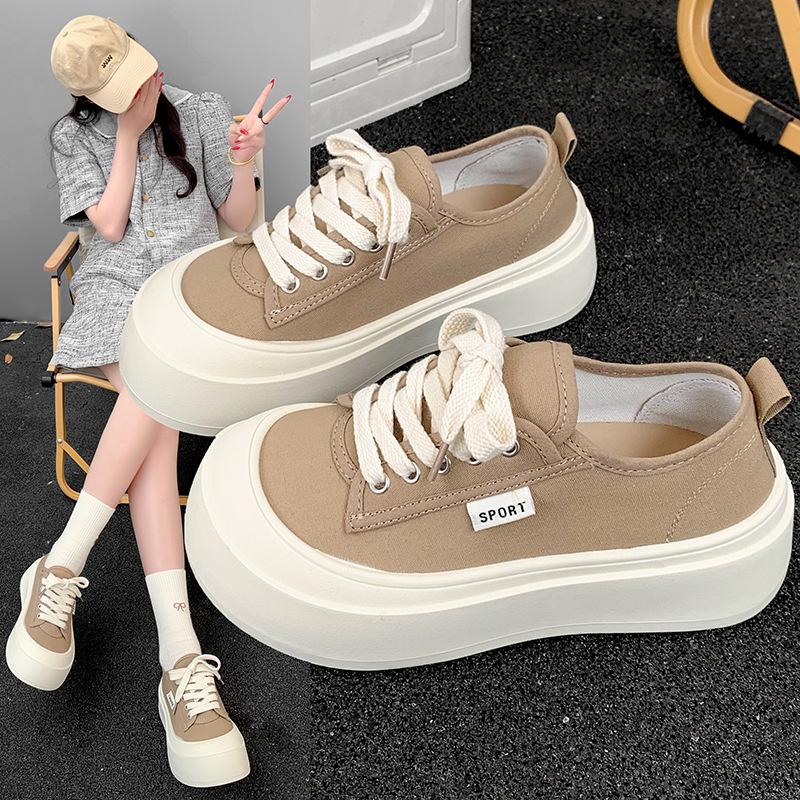 Canvas shoes women's 2025 new summer popular big head shoes thin thick sole heightening sports casual black board shoes