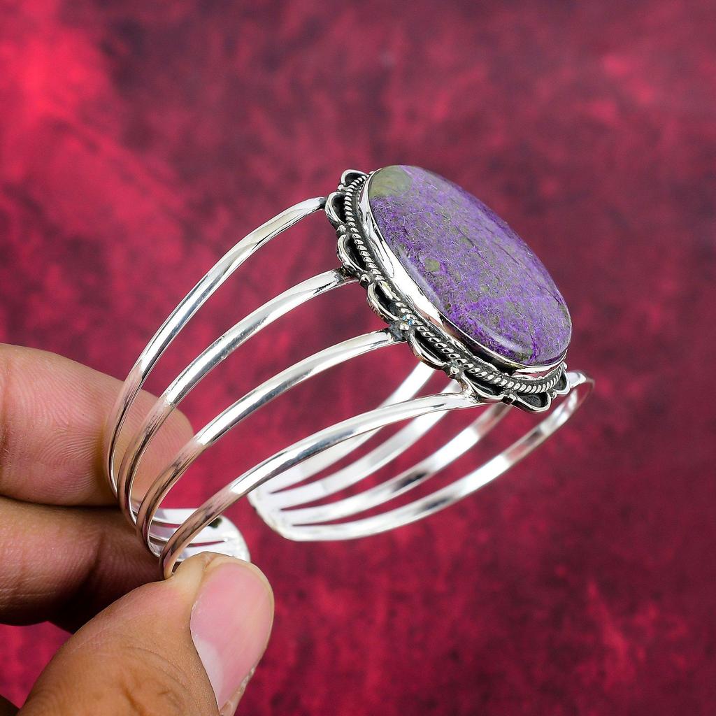 Purpurite Handmade Gemstone Jewelry, 925 Solid Sterling Silver Bangle Unique Design Jewelry, For Women