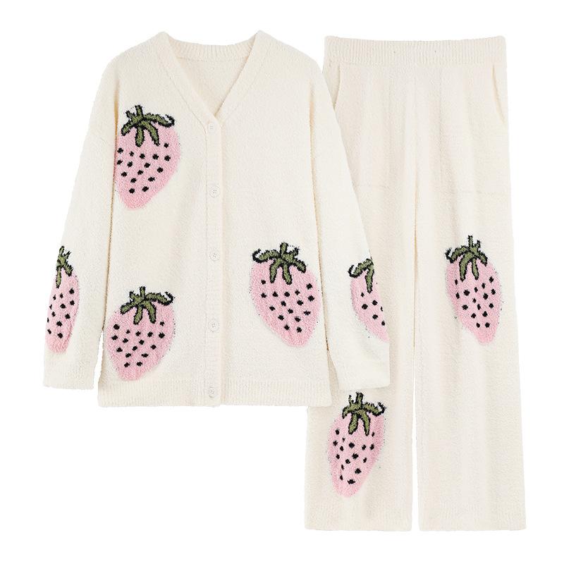 Half Fleece Pajamas Women'S Autumn And Winter Models, Winter Fleece Thickened Warm Coral Fleece Loungewear Strawberry Set