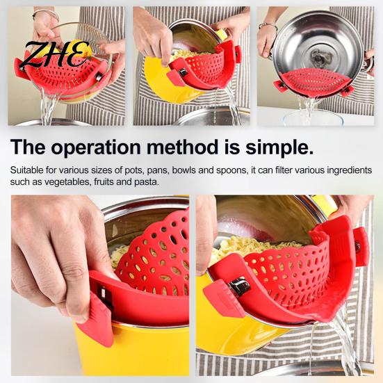 Durable Silicone Draining Tool Pot Edge Strainer, Clip-on Kitchen Colander for Pasta Vegetables, Strainer Non Slip Drainer with Drip Guard,
