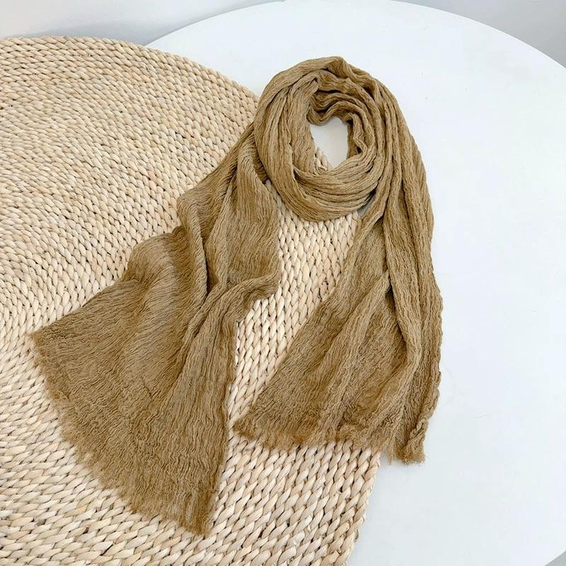 Solid Color Cotton Crinkled Scarf for Women Retro Neck Warmer Decorative Narrow Long Striped Scarf Wrap Shawl for Autumn 220cm