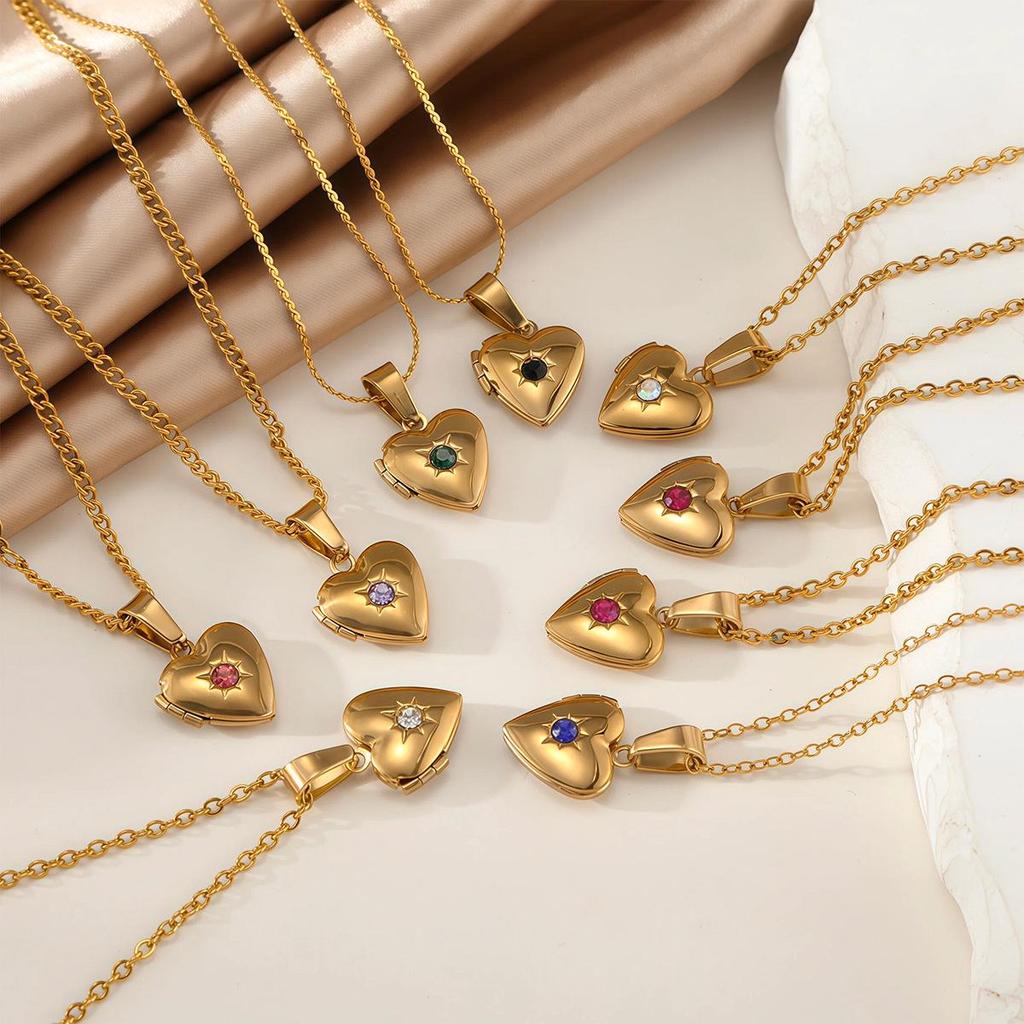 18K Gold-Plated Zirconia Heart Necklace Pendant with Birthstone, Stainless Steel, European & American Simple Design.