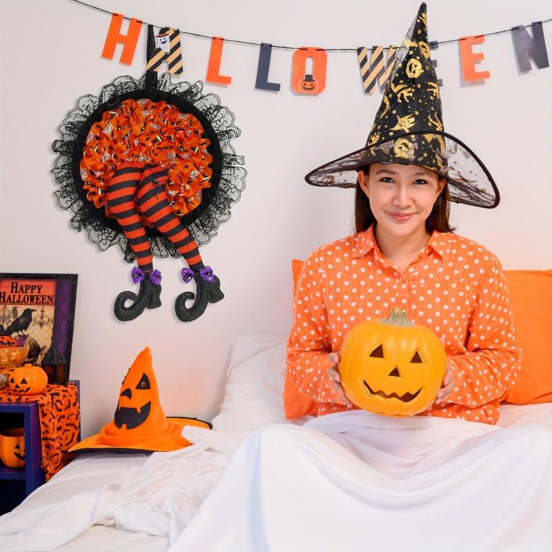 Halloween Wreath Witch, Halloween Wreaths for Front Door with Witch Hat Leg Mesh Decor, Halloween Decorations Indoor Outdoor