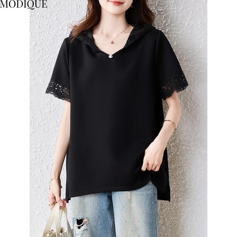 MODIQUE Spring Summer Plus Size New Women Loose Vintage Lace Solid Blouse Shirts Female Casual Oversize Short Sleeve Hooded V-Neck Top