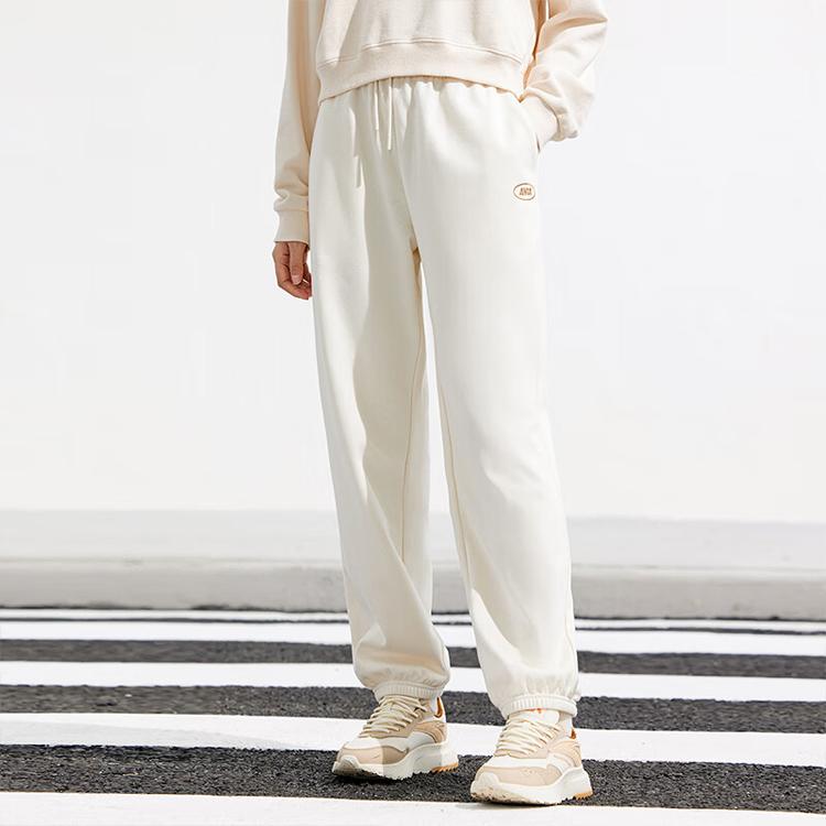 Anta Solid Color Mid Waist Straight Leg Fleece Knit Sports Pants Unisex Pants Beige 972338301-1