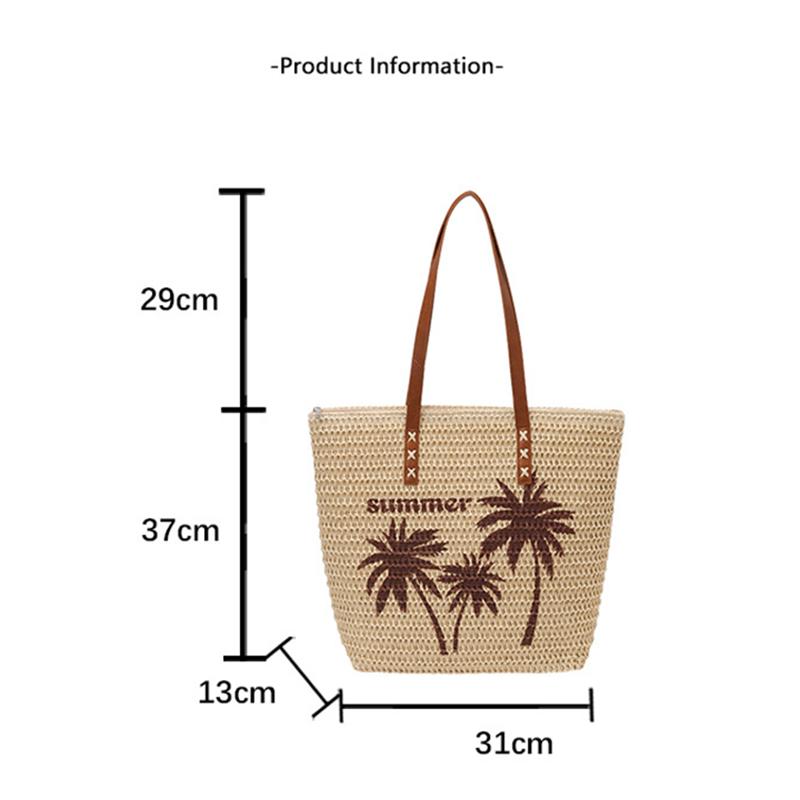 Summer Large Capacity Straw Beach Women's Tote Bags Coconut Tree Pattern Handbag Leather Strap Beach Shoulder Bag