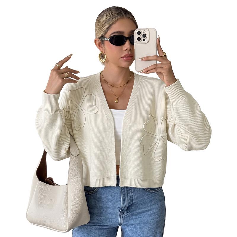 Cardigan de Malha Bordado Cor Sólida Minimalista TikTok Europa Outono/Inverno 2026