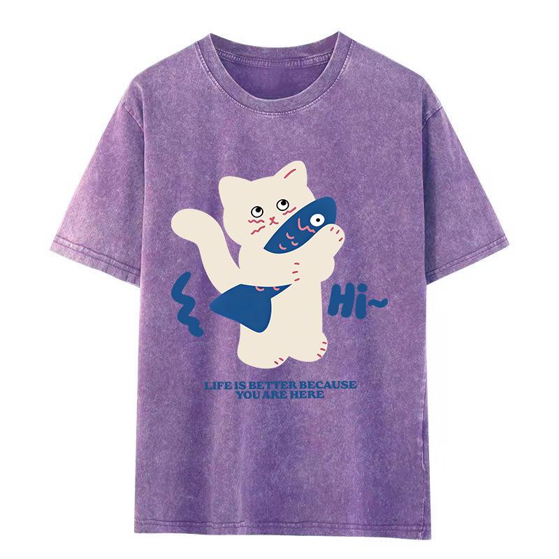 2026 Summer American Retro Men’s Washed Short Sleeve T-shirt - Trendy Loose Fit with Vintage Print