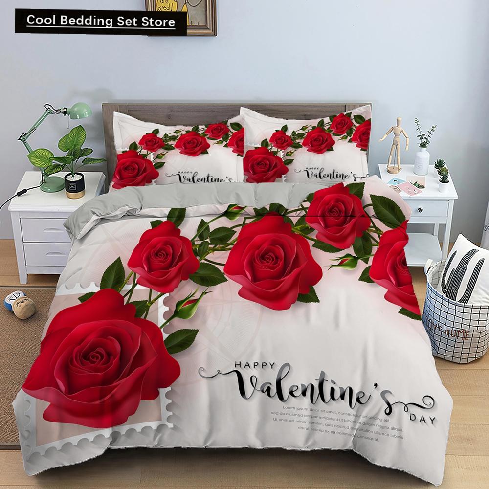 Red Rose King Queen Duvet Cover Romantic Flower Bedding Set Valentine's Day Quilt Cover Couples Floral Polyester Comforter Cover