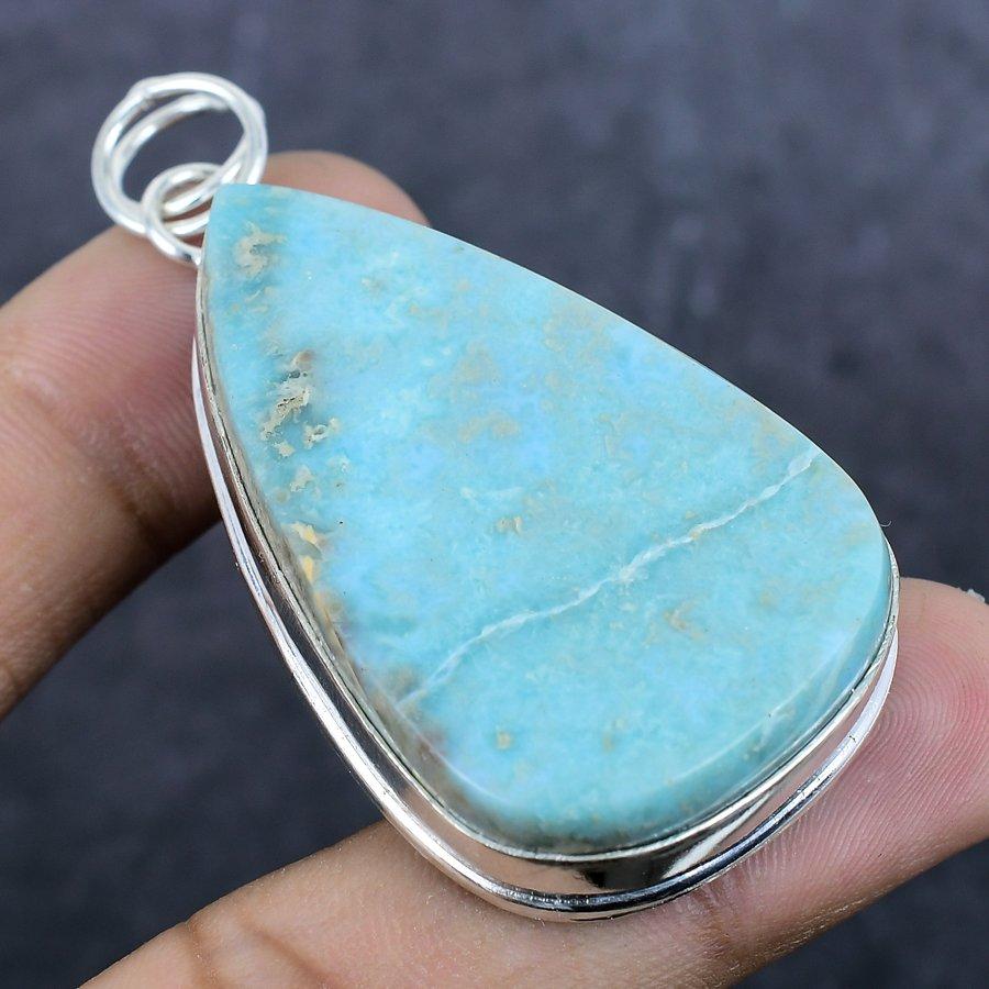 Larimar Gemstone Handmade 925 Sterling Silver Jewelry Pendant 2.52" q2D59